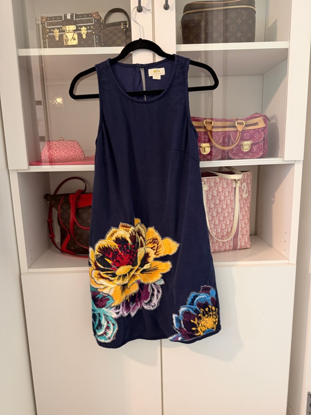 Maeve Navy Mini Dress with Bold Yellow & Blue Floral Embroidery
